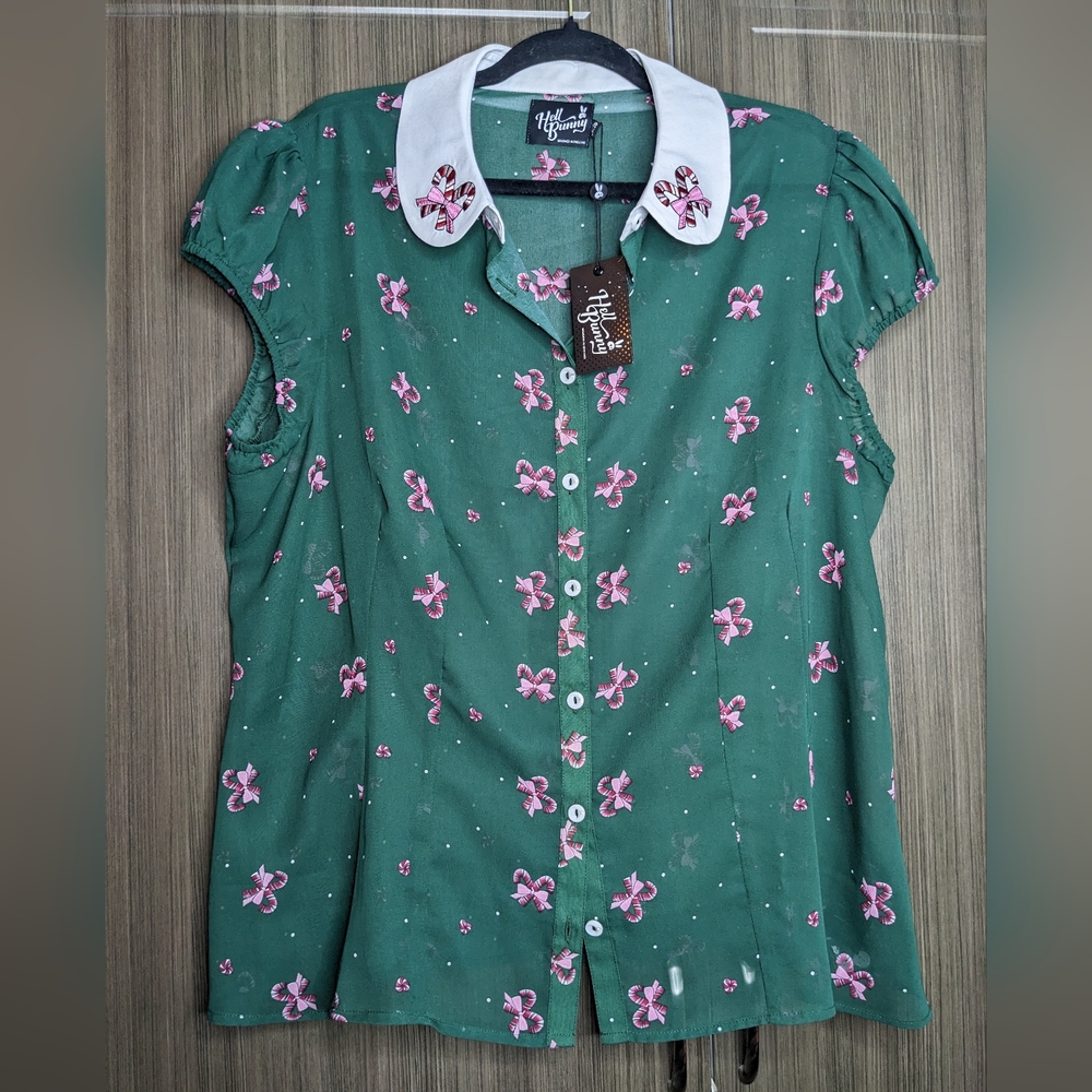 Hell Bunny Green Candy Candy Cane Collared Top, 3XL